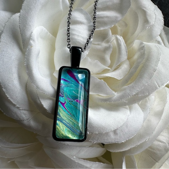 Hand Crafted Jewelry - Hand painted Abstract Acrylic fluid pour art pendant necklace teal blue black